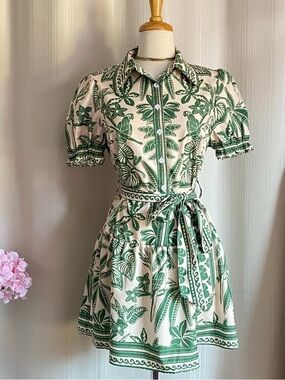 Green & Cream Button-Front Tie-Waist Mini Dress